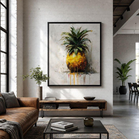 Industrial Orchard: Tropical Pineapple Drip Art on Aluminum Print | Modern Kitchen Art | Brushed Silver Wall Decor | Contemporary Fruit Art