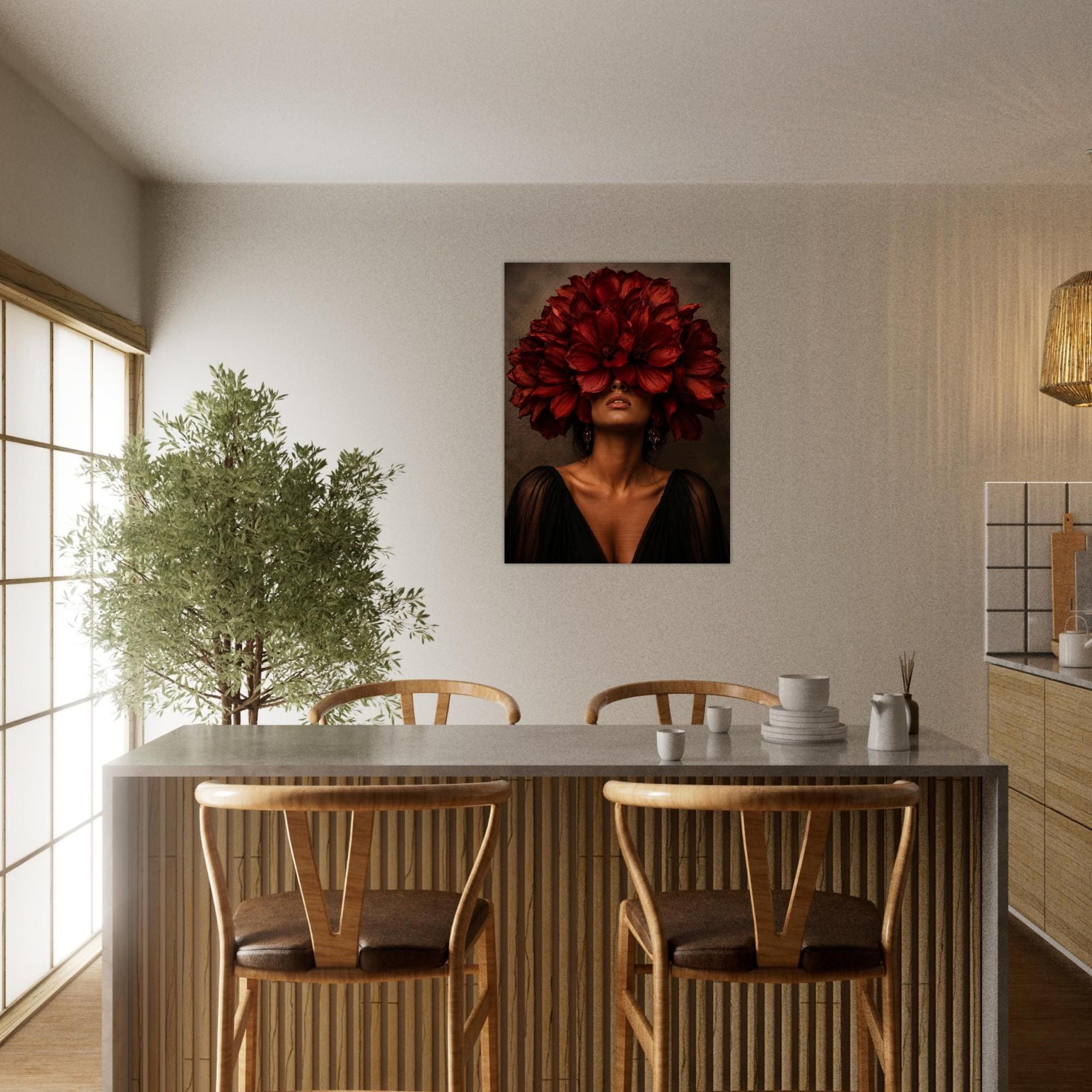 Crimson Bloom Aluminum Print | Avant-Garden Surreal Floral Wall Art | Industrial Metallic Flower Decor | Modern Botanical Statement Piece