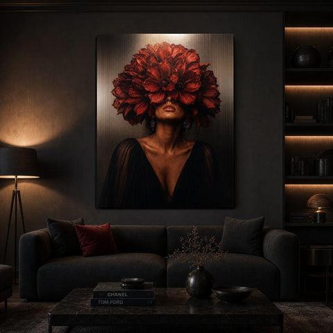 Crimson Bloom Aluminum Print | Avant-Garden Surreal Floral Wall Art | Industrial Metallic Flower Decor | Modern Botanical Statement Piece