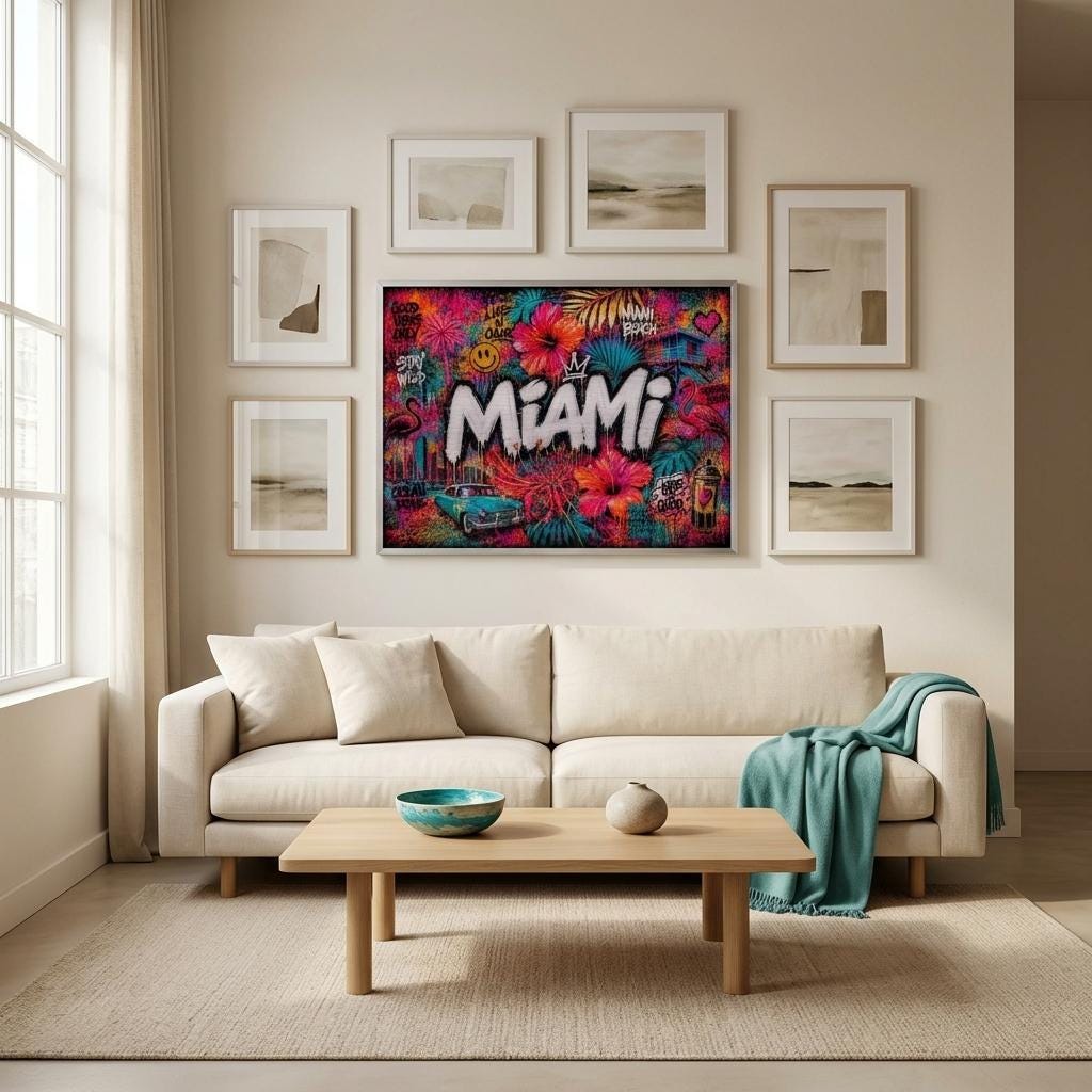 Miami Tropical Graffiti Aluminum Print, Vibrant Street Art Floral Wall Decor, Industrial Modern Metal Art, Large Colorful Urban Home Gift