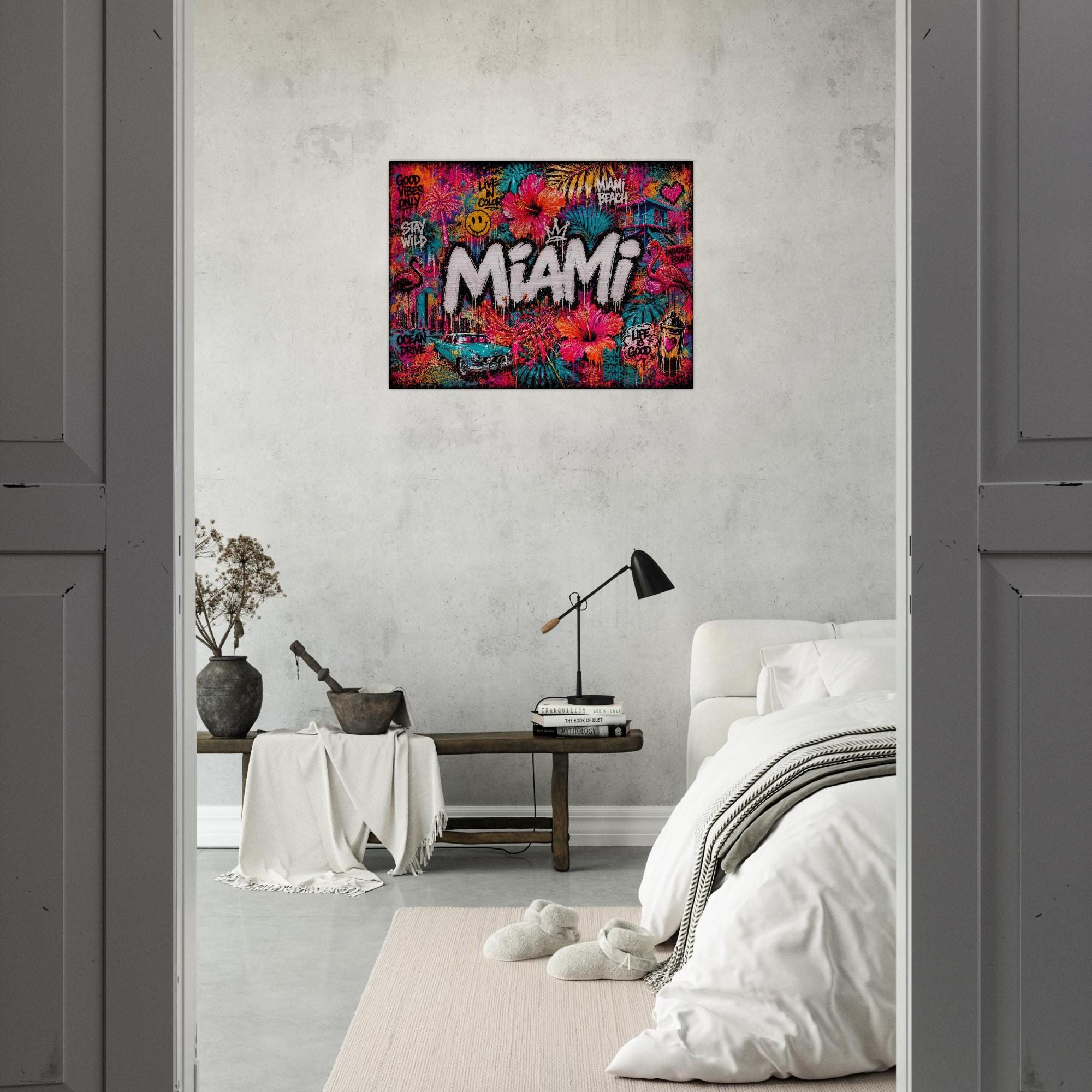 Miami Tropical Graffiti Aluminum Print, Vibrant Street Art Floral Wall Decor, Industrial Modern Metal Art, Large Colorful Urban Home Gift