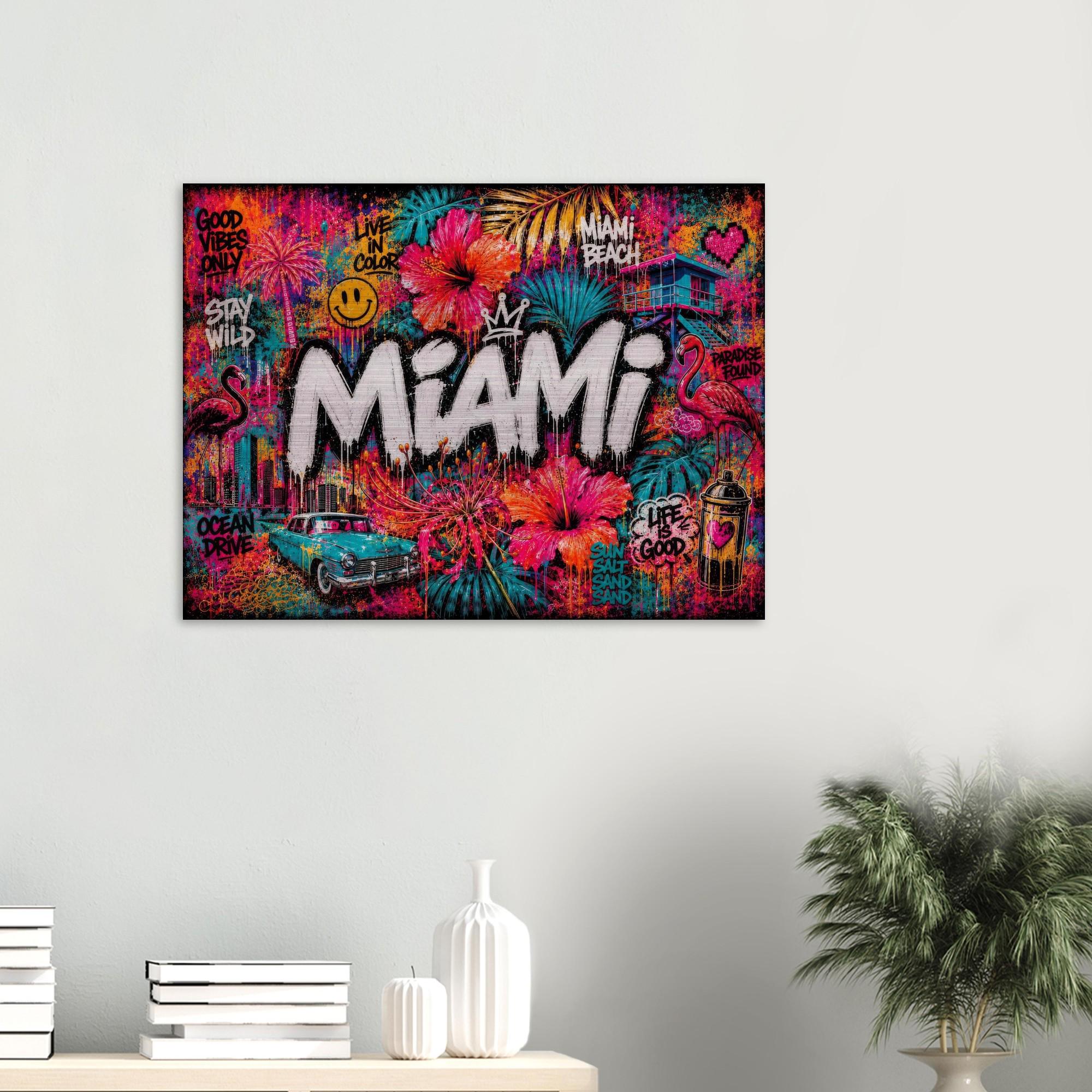 Miami Tropical Graffiti Aluminum Print, Vibrant Street Art Floral Wall Decor, Industrial Modern Metal Art, Large Colorful Urban Home Gift