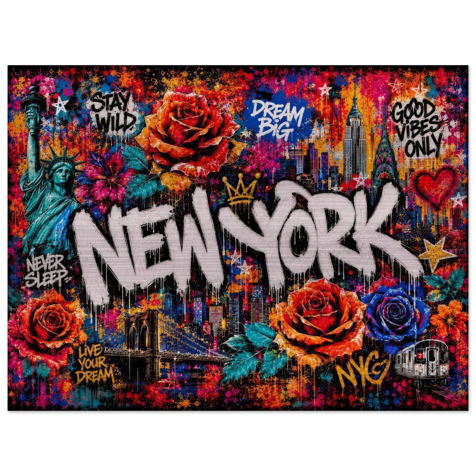 New York City Floral Mural Aluminum Print, Industrial Urban Graffiti Metal Wall Art, Brushed Silver Modern Decor, NYC Cityscape Gift