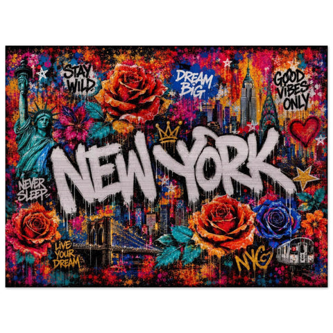 New York City Floral Mural Aluminum Print, Industrial Urban Graffiti Metal Wall Art, Brushed Silver Modern Decor, NYC Cityscape Gift