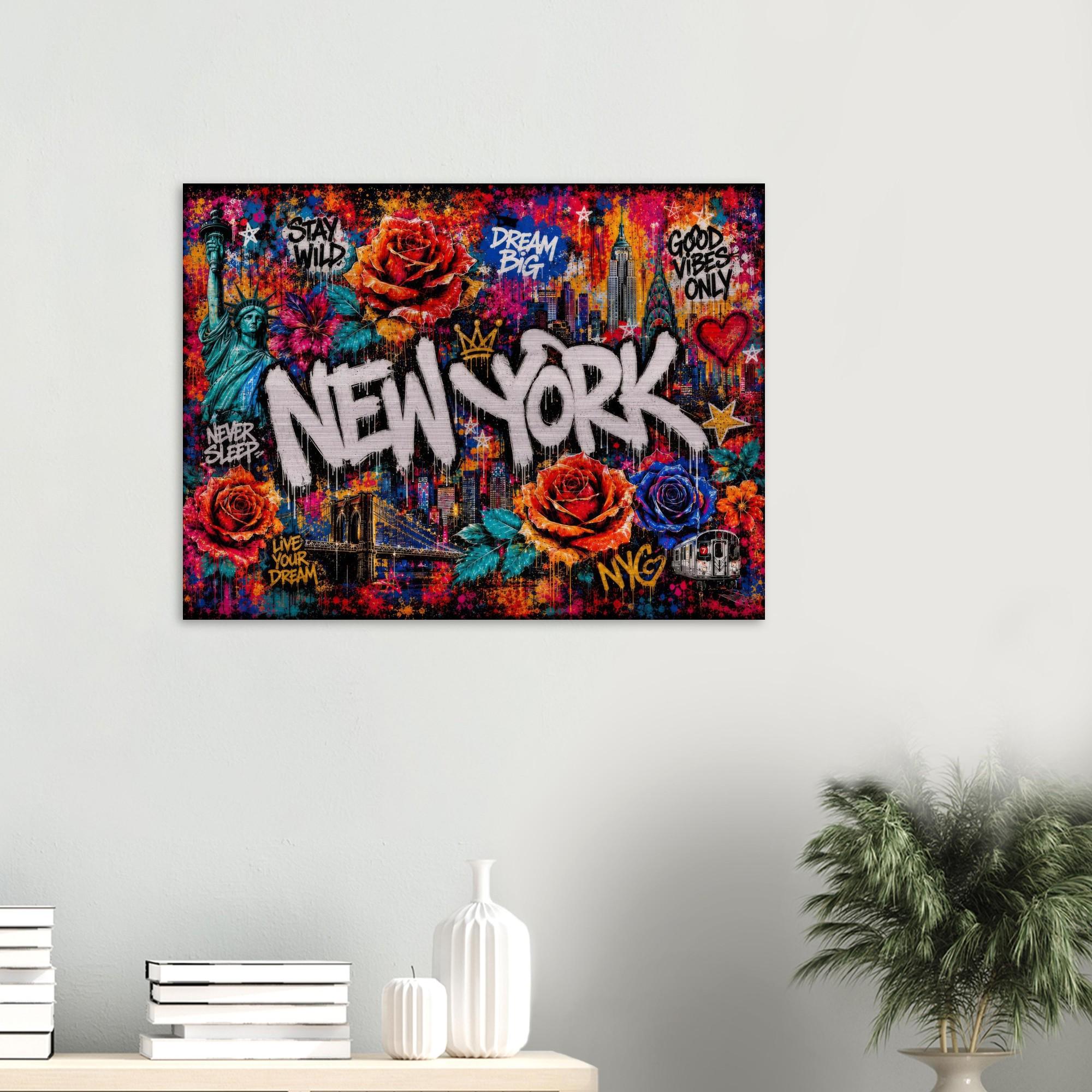 New York City Floral Mural Aluminum Print, Industrial Urban Graffiti Metal Wall Art, Brushed Silver Modern Decor, NYC Cityscape Gift