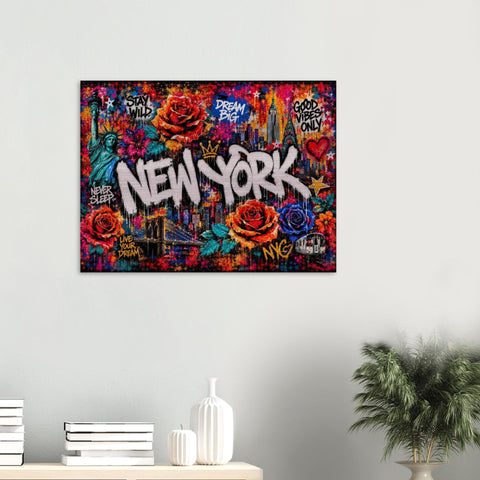 New York City Floral Mural Aluminum Print, Industrial Urban Graffiti Metal Wall Art, Brushed Silver Modern Decor, NYC Cityscape Gift