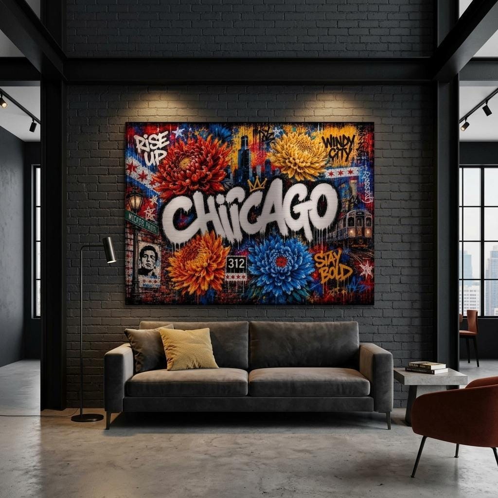 Chicago Metal Wall Art | Industrial Graffiti Floral Aluminum Print | Cityscape Home Decor | Modern Architecture Gift for Him