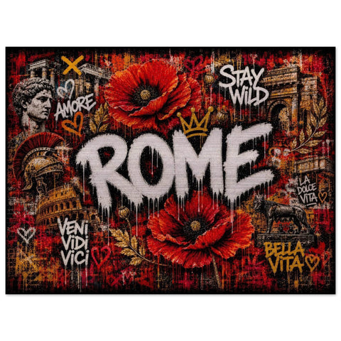 Rome Poppies Aluminum Wall Art - Modern Urban Graffiti Industrial Metal Print - Fiery Red Floral Italy Decor - Cityscape Gift for Him