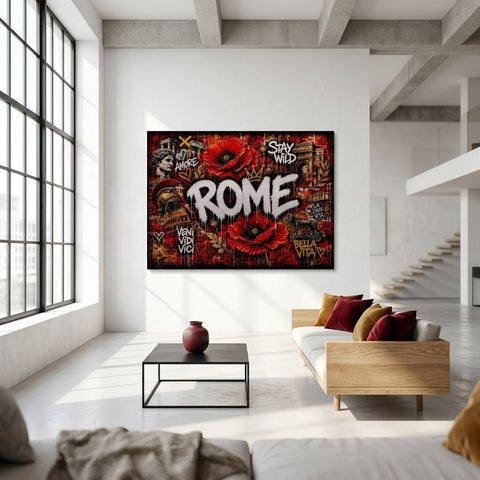 Rome Poppies Aluminum Wall Art - Modern Urban Graffiti Industrial Metal Print - Fiery Red Floral Italy Decor - Cityscape Gift for Him