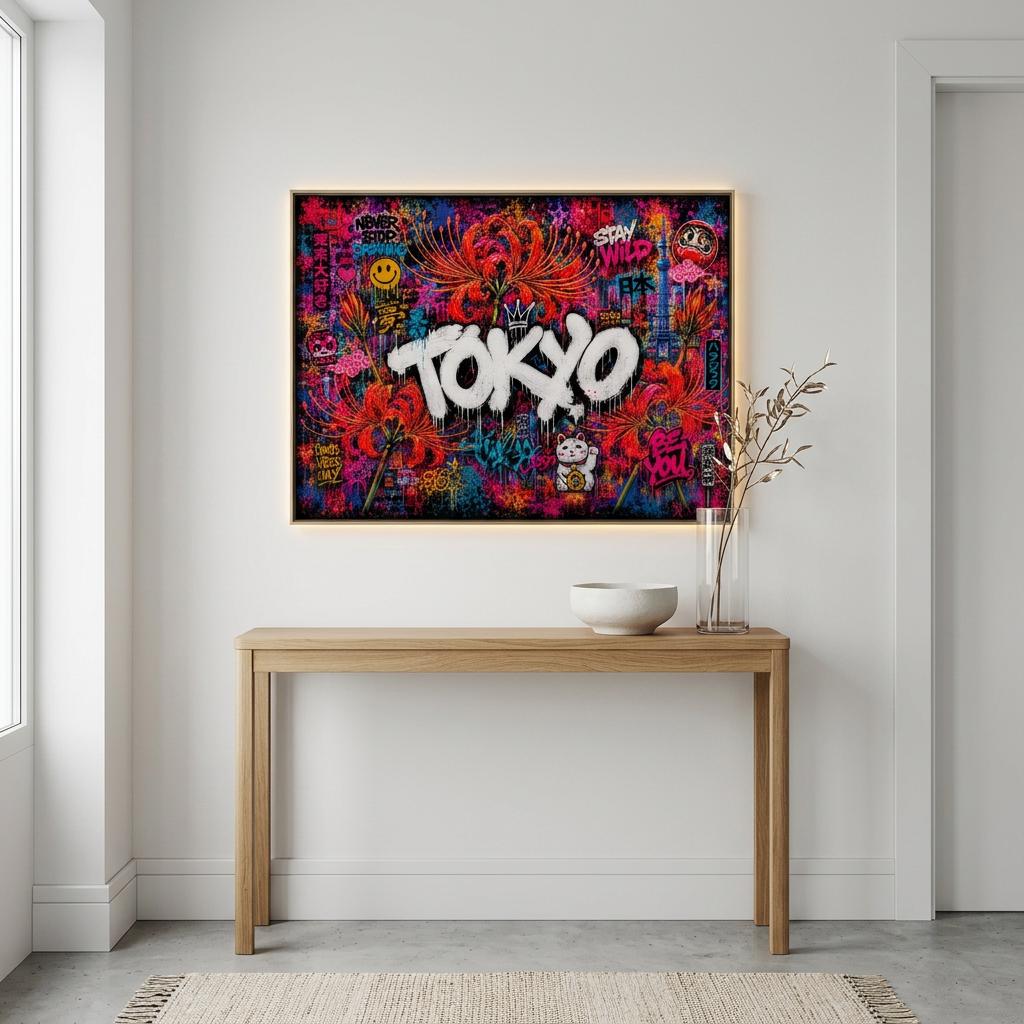 Tokyo Neon Floral Graffiti Aluminum Print | Cyberpunk City Street Art Wall Decor | Futuristic Urban Metallic Wall Art | Modern Industrial
