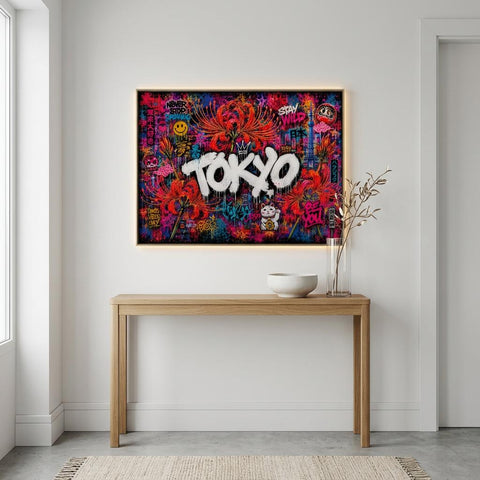 Tokyo Neon Floral Graffiti Aluminum Print | Cyberpunk City Street Art Wall Decor | Futuristic Urban Metallic Wall Art | Modern Industrial