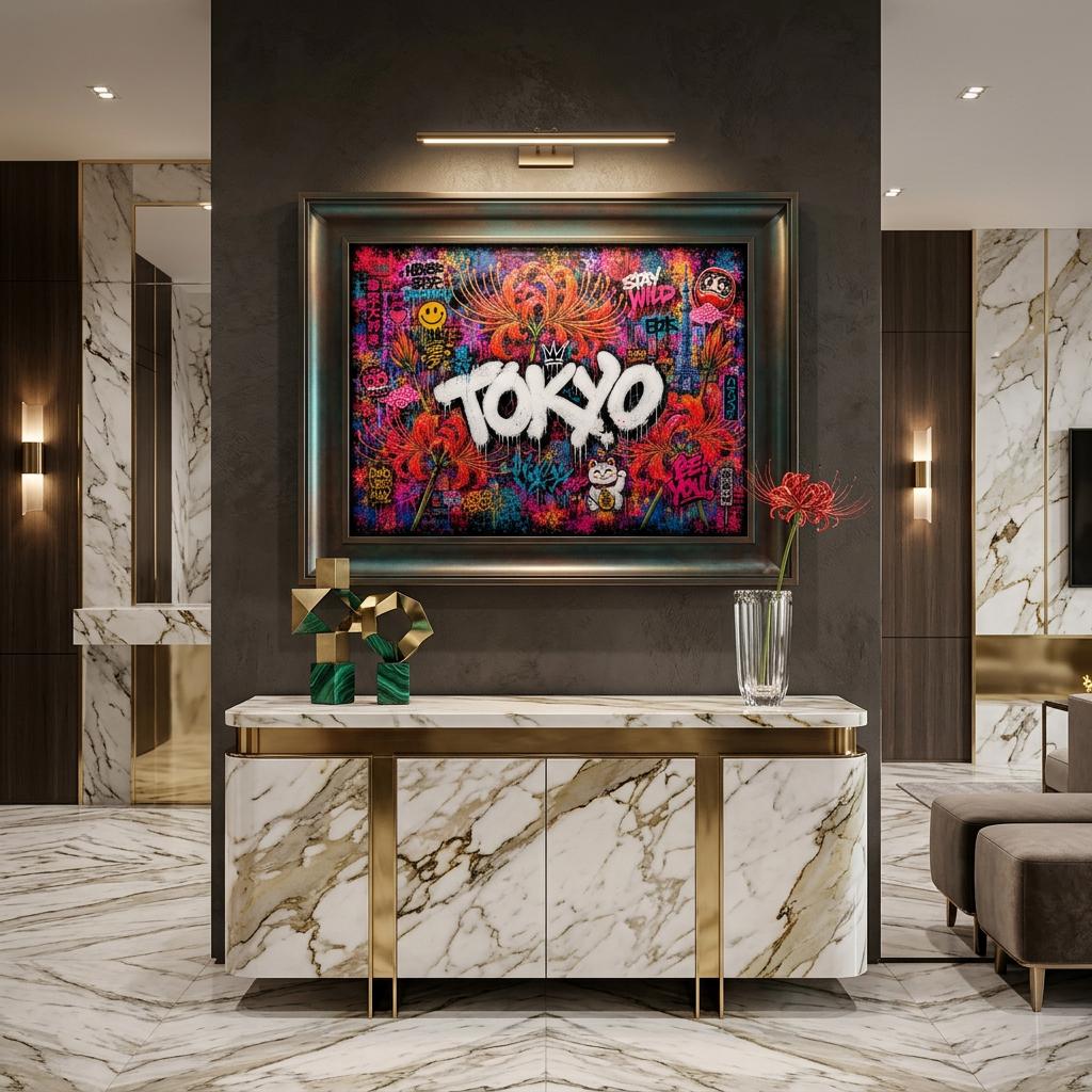 Tokyo Neon Floral Graffiti Aluminum Print | Cyberpunk City Street Art Wall Decor | Futuristic Urban Metallic Wall Art | Modern Industrial