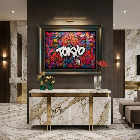 Tokyo Neon Floral Graffiti Aluminum Print | Cyberpunk City Street Art Wall Decor | Futuristic Urban Metallic Wall Art | Modern Industrial