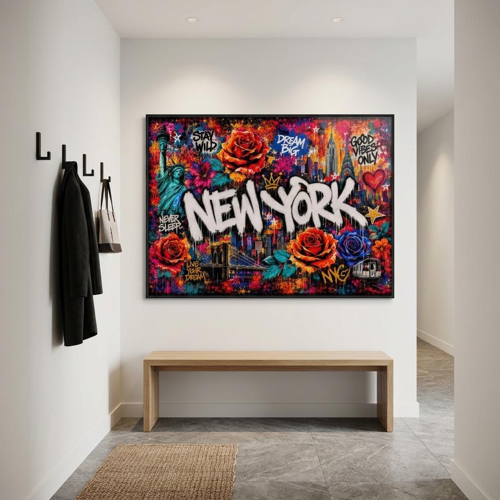 New York City Floral Mural Aluminum Print, Industrial Urban Graffiti Metal Wall Art, Brushed Silver Modern Decor, NYC Cityscape Gift