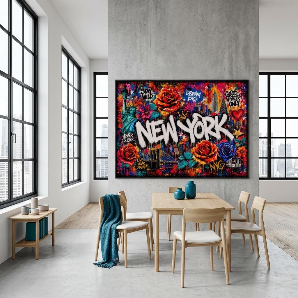 New York City Floral Mural Aluminum Print, Industrial Urban Graffiti Metal Wall Art, Brushed Silver Modern Decor, NYC Cityscape Gift