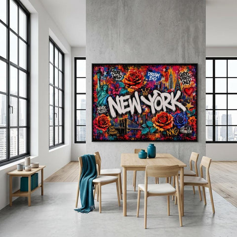 New York City Floral Mural Aluminum Print, Industrial Urban Graffiti Metal Wall Art, Brushed Silver Modern Decor, NYC Cityscape Gift