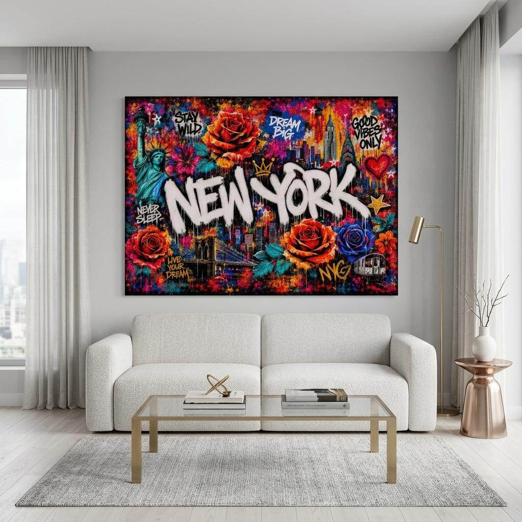New York City Floral Mural Aluminum Print, Industrial Urban Graffiti Metal Wall Art, Brushed Silver Modern Decor, NYC Cityscape Gift