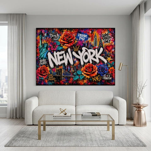 New York City Floral Mural Aluminum Print, Industrial Urban Graffiti Metal Wall Art, Brushed Silver Modern Decor, NYC Cityscape Gift