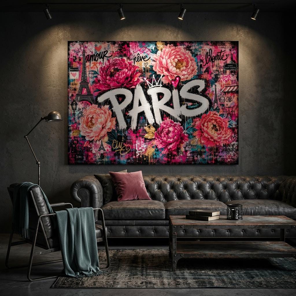 Paris Wall Art, Blush Pink Floral Graffiti Aluminum Print, Romantic Paris Decor, Modern Industrial Wall Art, City of Love Metal Print