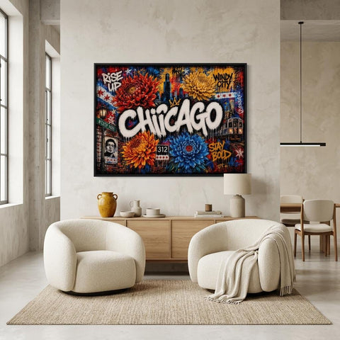 Chicago Metal Wall Art | Industrial Graffiti Floral Aluminum Print | Cityscape Home Decor | Modern Architecture Gift for Him