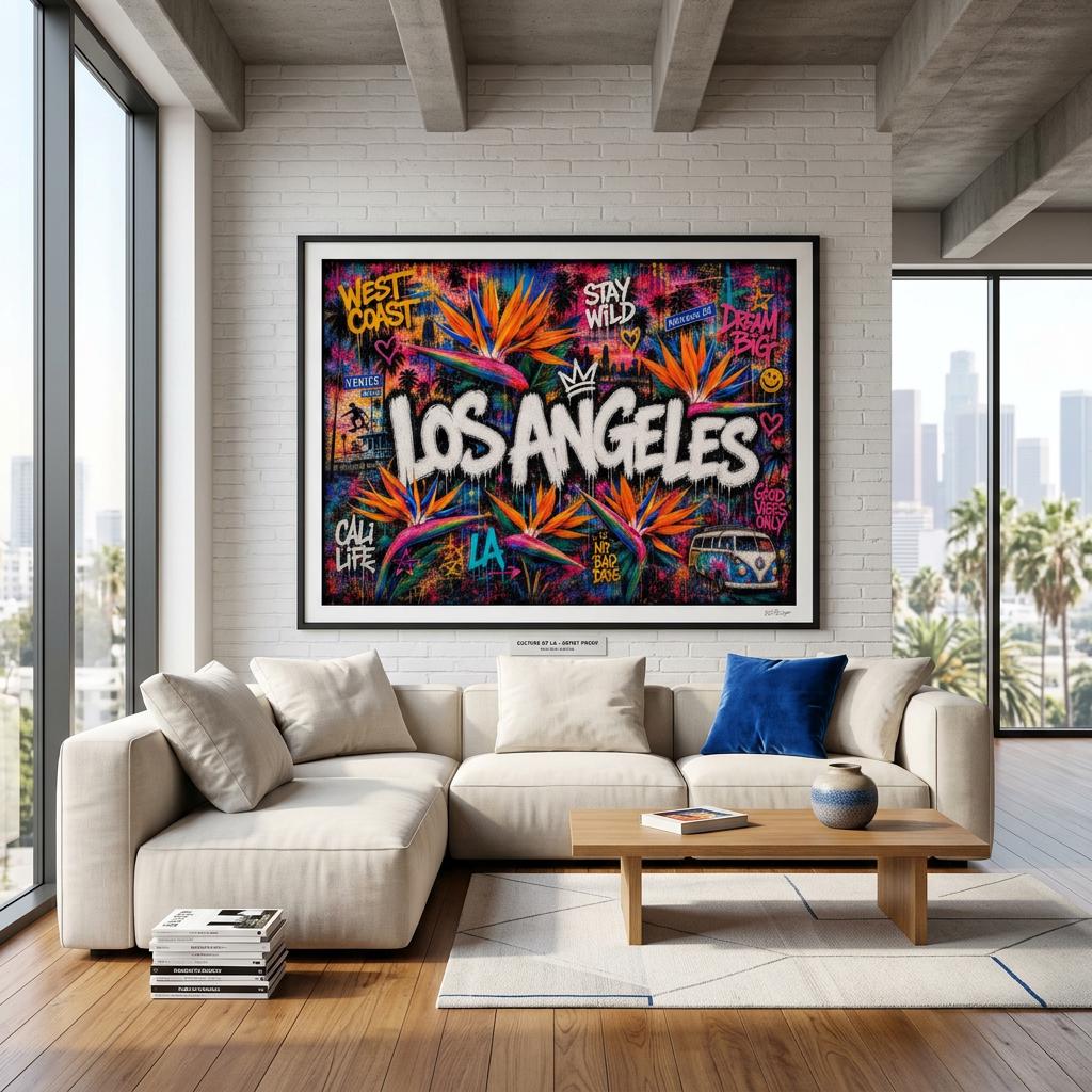 Los Angeles Floral Mural Aluminum Print, LA Street Art Wall Decor, Vibrant City Flower Metal Art, Modern Industrial Home Office Decor