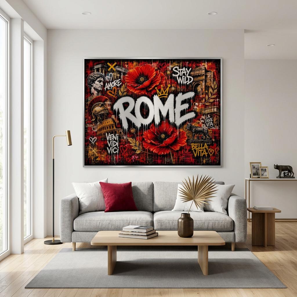 Rome Poppies Aluminum Wall Art - Modern Urban Graffiti Industrial Metal Print - Fiery Red Floral Italy Decor - Cityscape Gift for Him