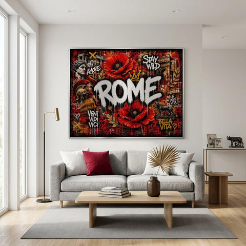 Rome Poppies Aluminum Wall Art - Modern Urban Graffiti Industrial Metal Print - Fiery Red Floral Italy Decor - Cityscape Gift for Him