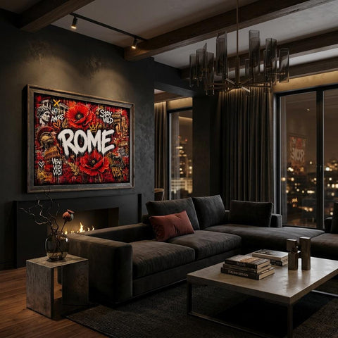 Rome Poppies Aluminum Wall Art - Modern Urban Graffiti Industrial Metal Print - Fiery Red Floral Italy Decor - Cityscape Gift for Him