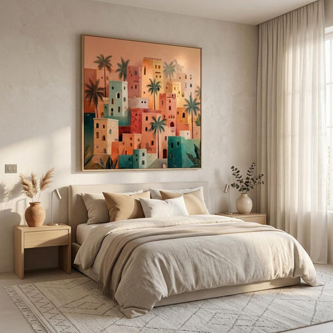 Morocco - Desert Folk Art Aluminum Print | Sun-Baked Village Scene | Unique North African Wall Decor | Brushed Silver Metallic Finish