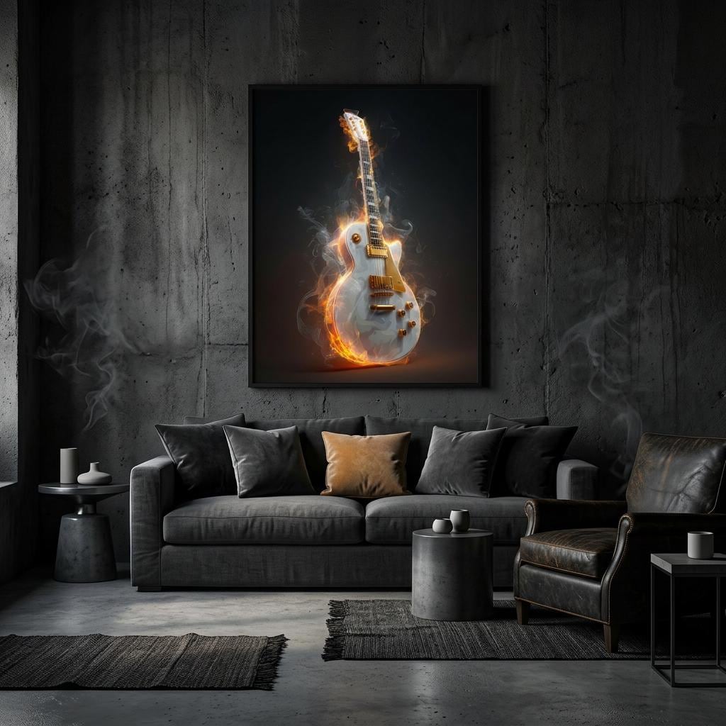 Blazing Strings - Aluminum Print | Fiery Guitar Art | Modern Industrial Home Decor | Unique Music Gift