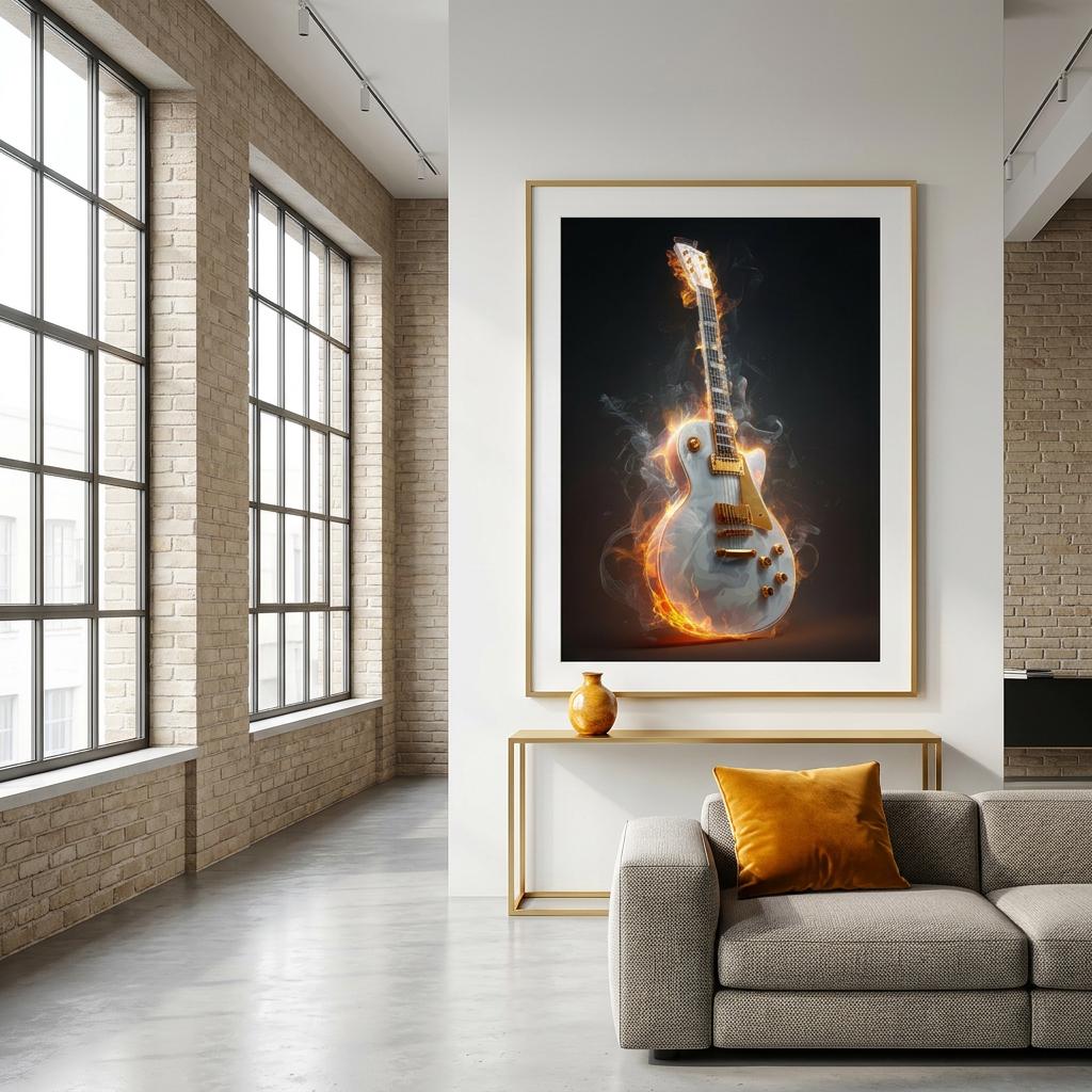 Blazing Strings - Aluminum Print | Fiery Guitar Art | Modern Industrial Home Decor | Unique Music Gift