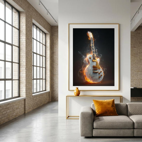 Blazing Strings - Aluminum Print | Fiery Guitar Art | Modern Industrial Home Decor | Unique Music Gift