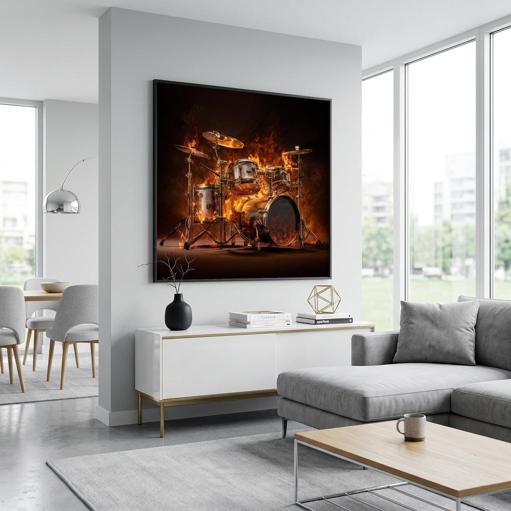 Pulsating Embers - Drum Set Aluminum Print | Fiery Rhythm Art | Modern Industrial Decor Gift