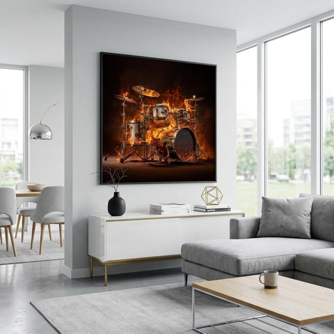 Pulsating Embers - Drum Set Aluminum Print | Fiery Rhythm Art | Modern Industrial Decor Gift