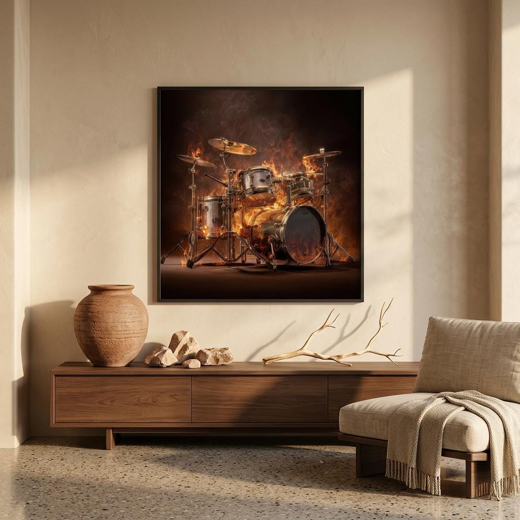 Pulsating Embers - Drum Set Aluminum Print | Fiery Rhythm Art | Modern Industrial Decor Gift