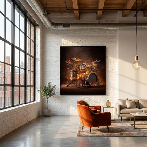Pulsating Embers - Drum Set Aluminum Print | Fiery Rhythm Art | Modern Industrial Decor Gift