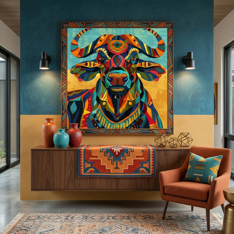 Serengeti African Buffalo — Vibrant Afro‑Pop Geometric Wall Art on Aluminum | Modern Safari Decor | Bold Colorful Wildlife Artwork