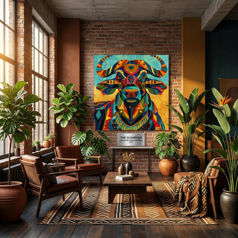 Serengeti African Buffalo — Vibrant Afro‑Pop Geometric Wall Art on Aluminum | Modern Safari Decor | Bold Colorful Wildlife Artwork