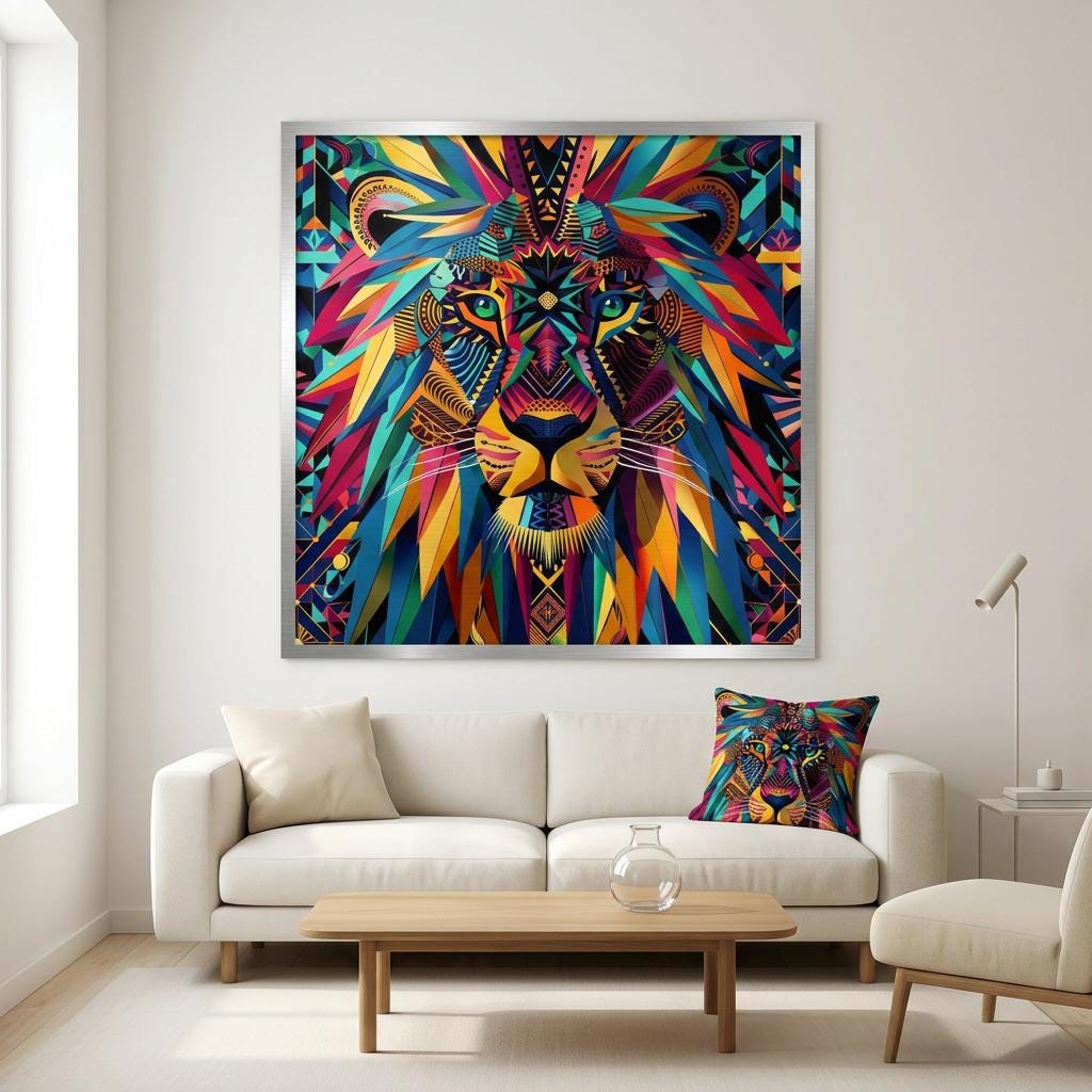 Serengeti Lion Afro-Pop Art Aluminum Print | Bold Neon Wildlife | Modern African Decor | Unique Geometric Animal Gift