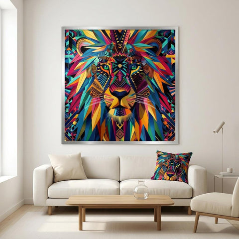 Serengeti Lion Afro-Pop Art Aluminum Print | Bold Neon Wildlife | Modern African Decor | Unique Geometric Animal Gift