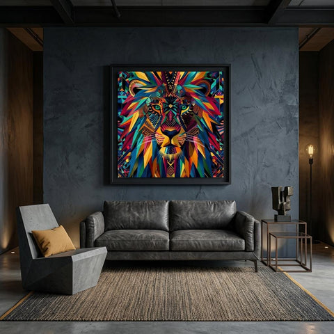 Serengeti Lion Afro-Pop Art Aluminum Print | Bold Neon Wildlife | Modern African Decor | Unique Geometric Animal Gift