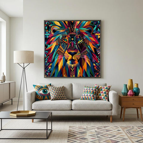 Serengeti Lion Afro-Pop Art Aluminum Print | Bold Neon Wildlife | Modern African Decor | Unique Geometric Animal Gift