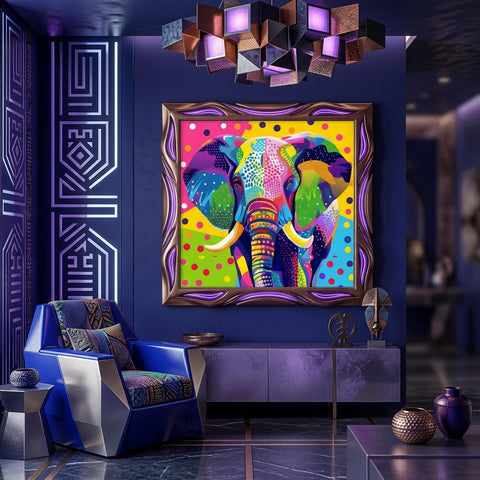 Serengeti Elephant Aluminum Print | Vibrant Afro-Pop Geometric Wall Art | Modern Metallic Home Decor | Unique African Wildlife Art Gift