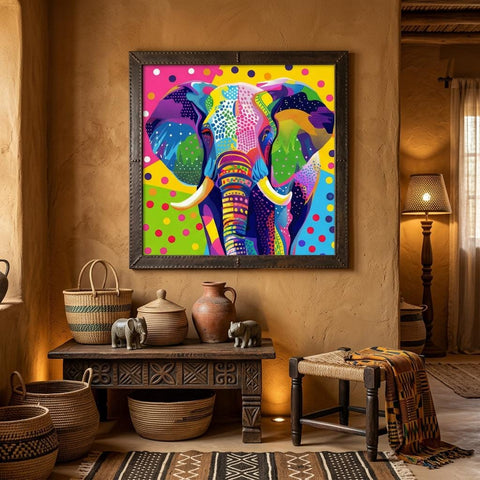 Serengeti Elephant Aluminum Print | Vibrant Afro-Pop Geometric Wall Art | Modern Metallic Home Decor | Unique African Wildlife Art Gift