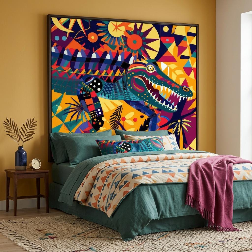 Serengeti Crocodile Afro-Pop Art Aluminum Print | Bold Neon Wildlife | Modern African Decor Gift | Unique Textured Metal Art