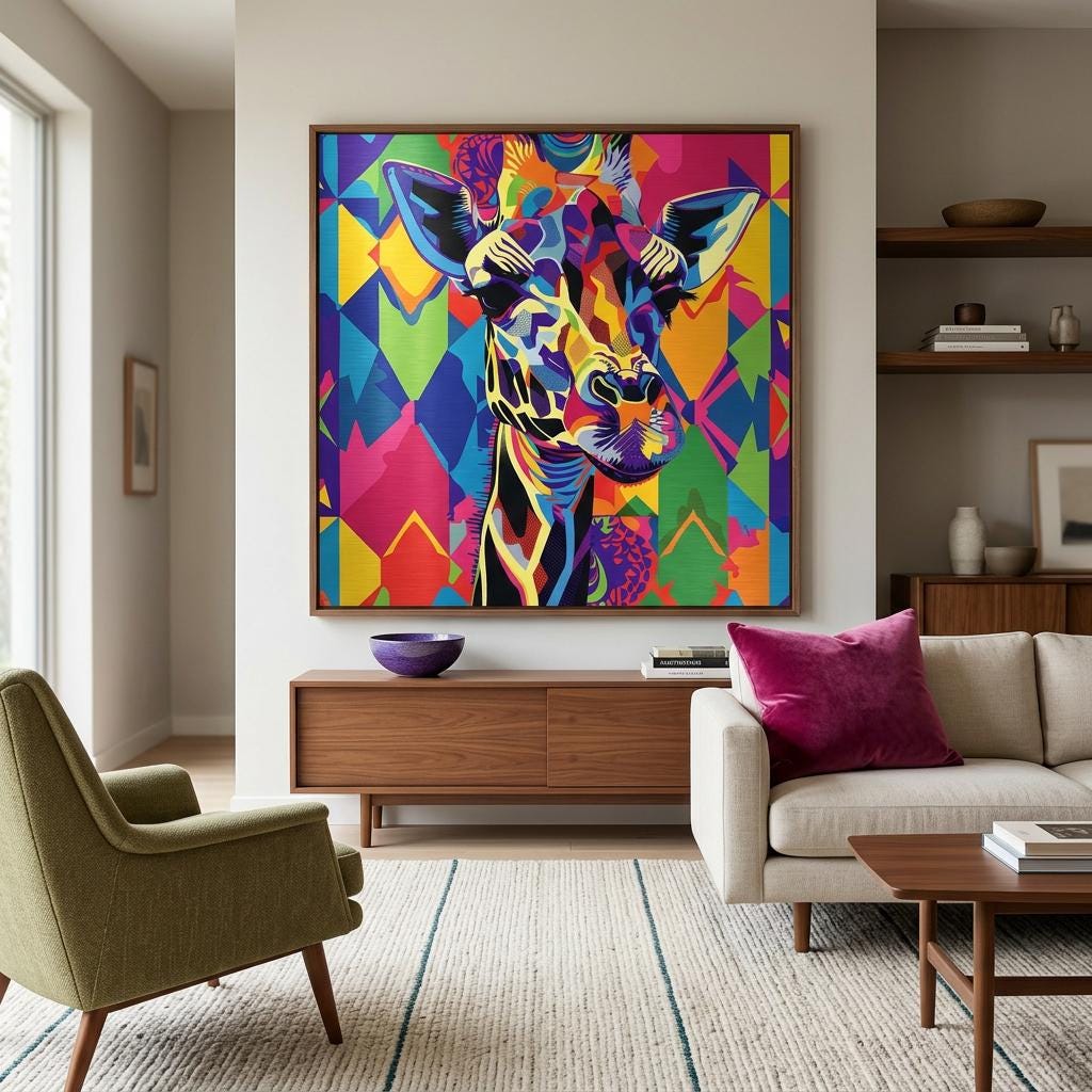 Serengeti Giraffe Afro-Pop Art Aluminum Print | Bold Neon Wildlife | Modern African Decor Gift | Textured Metallic Finish