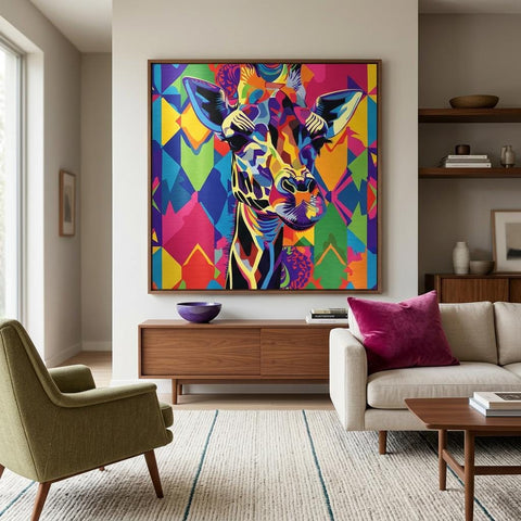 Serengeti Giraffe Afro-Pop Art Aluminum Print | Bold Neon Wildlife | Modern African Decor Gift | Textured Metallic Finish