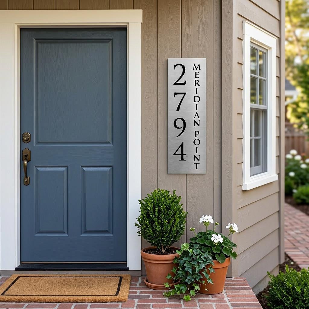 Custom 8x24 Wentworth Vertical Address Sign | Brushed Aluminum House Number Plaque | Modern Architectural | Personalized Metal Sign