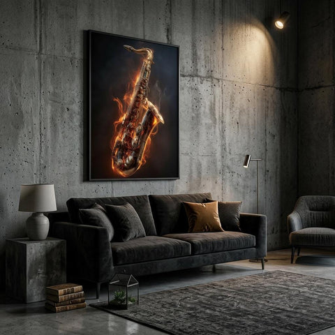 Igniting Brass - Saxophone Aluminum Print | Fire & Music Wall Art | Modern Industrial Decor | Gift for Musician