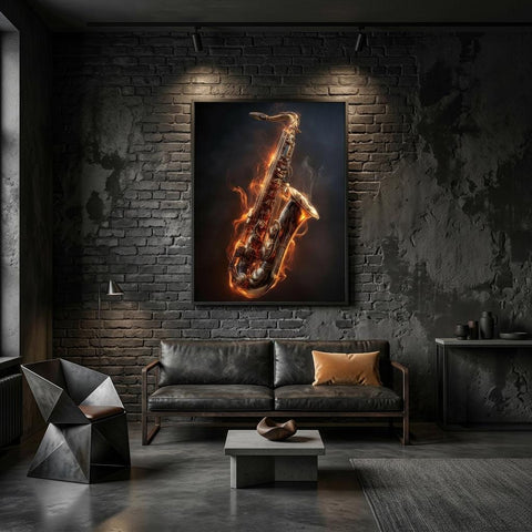 Igniting Brass - Saxophone Aluminum Print | Fire & Music Wall Art | Modern Industrial Decor | Gift for Musician
